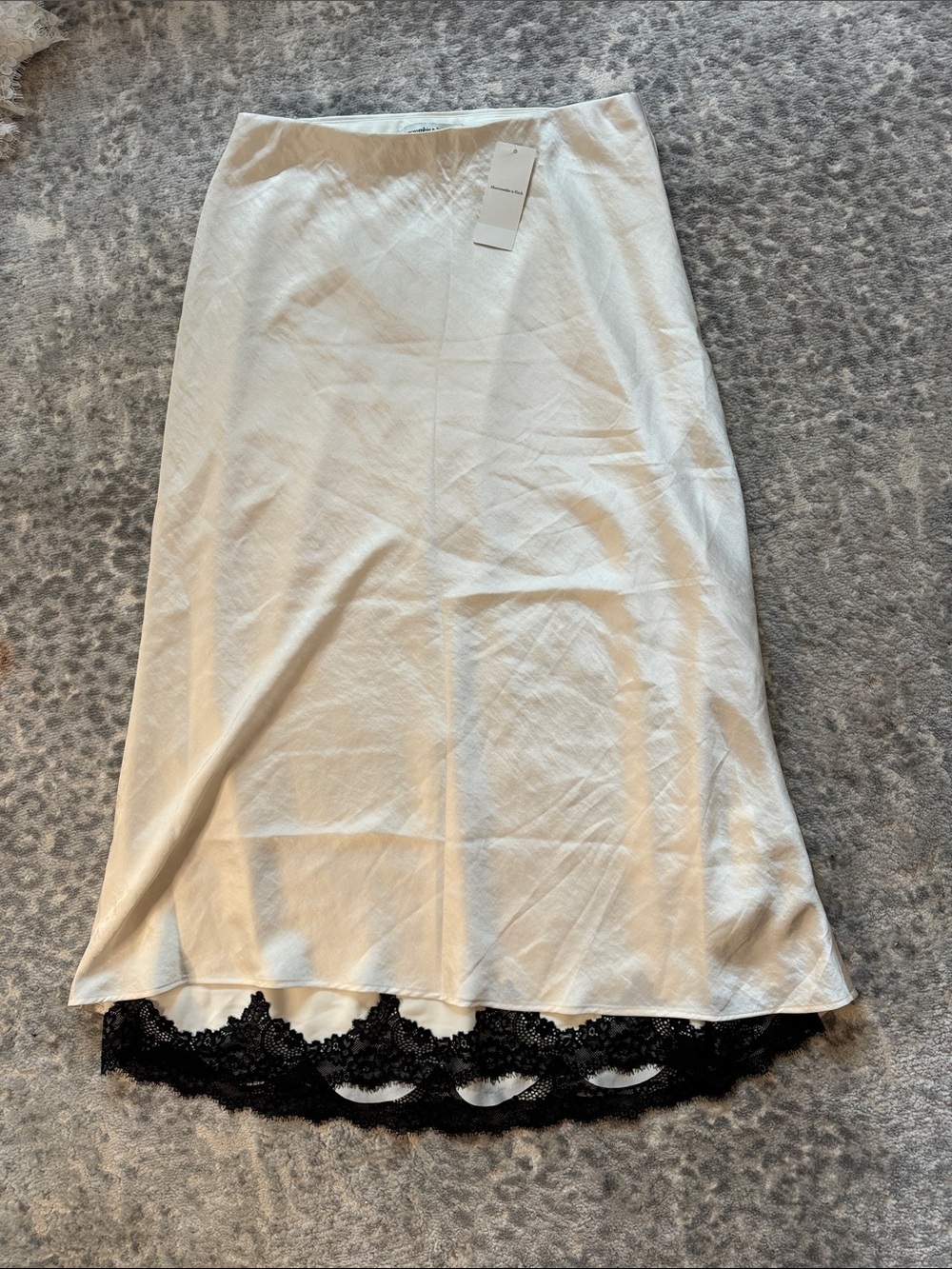 Abercrombie & Fitch Cream Midi Slip Skirt with Black Lace Trim